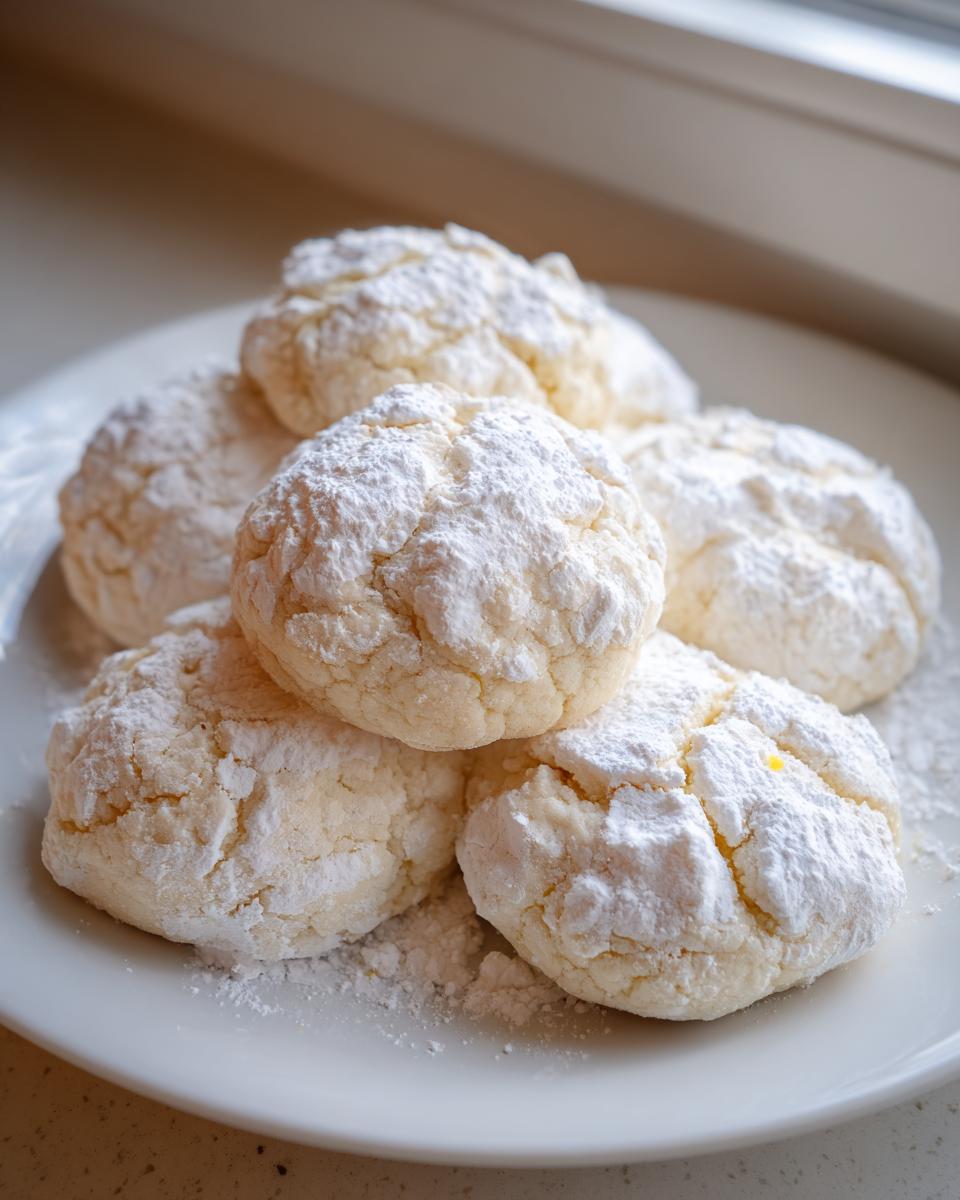 A stack of soft, crinkle-topped lemon cookies heavily dusted with powdered sugar on a white plate.