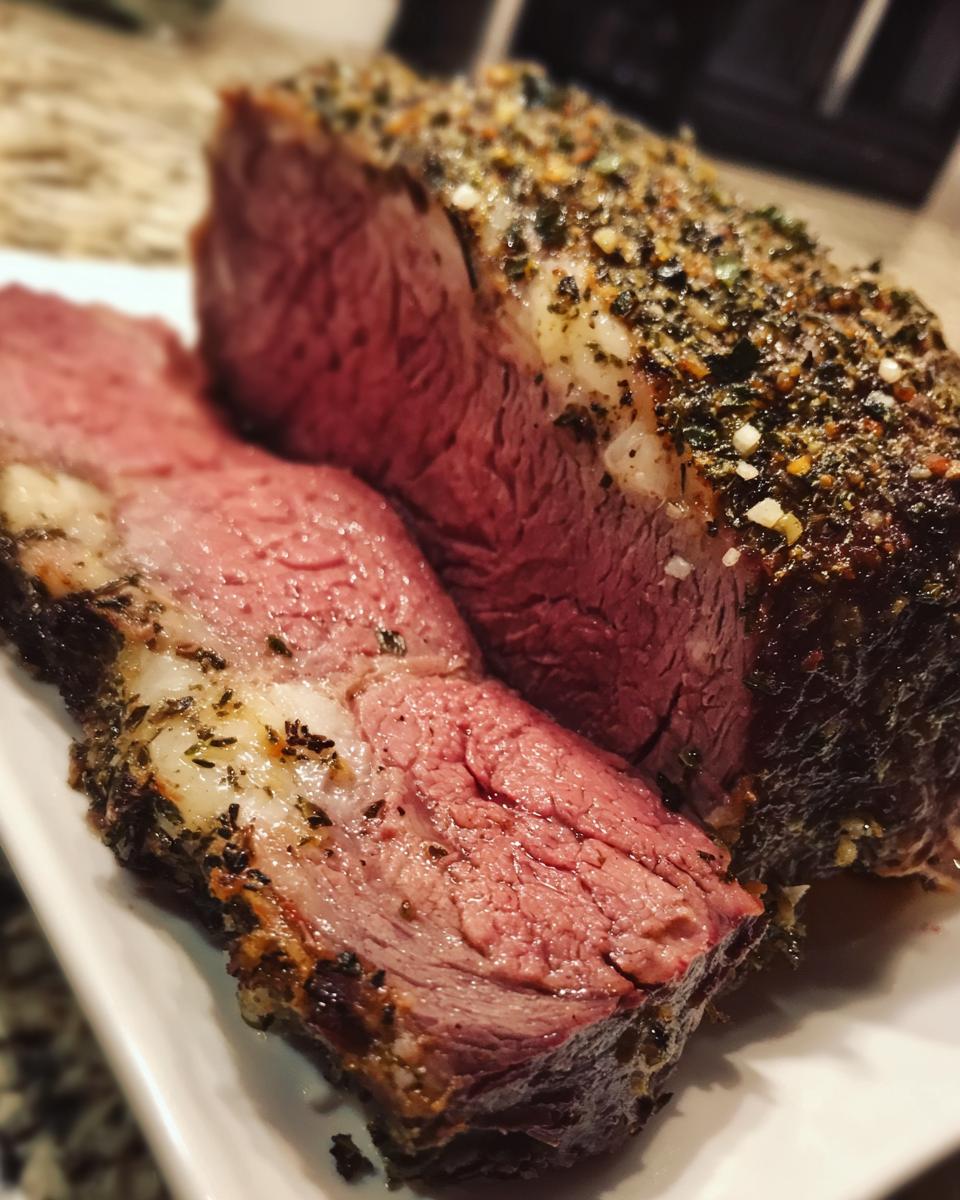 Close-up of a juicy, medium-rare prime rib roast oven cut, showing the herb crust.