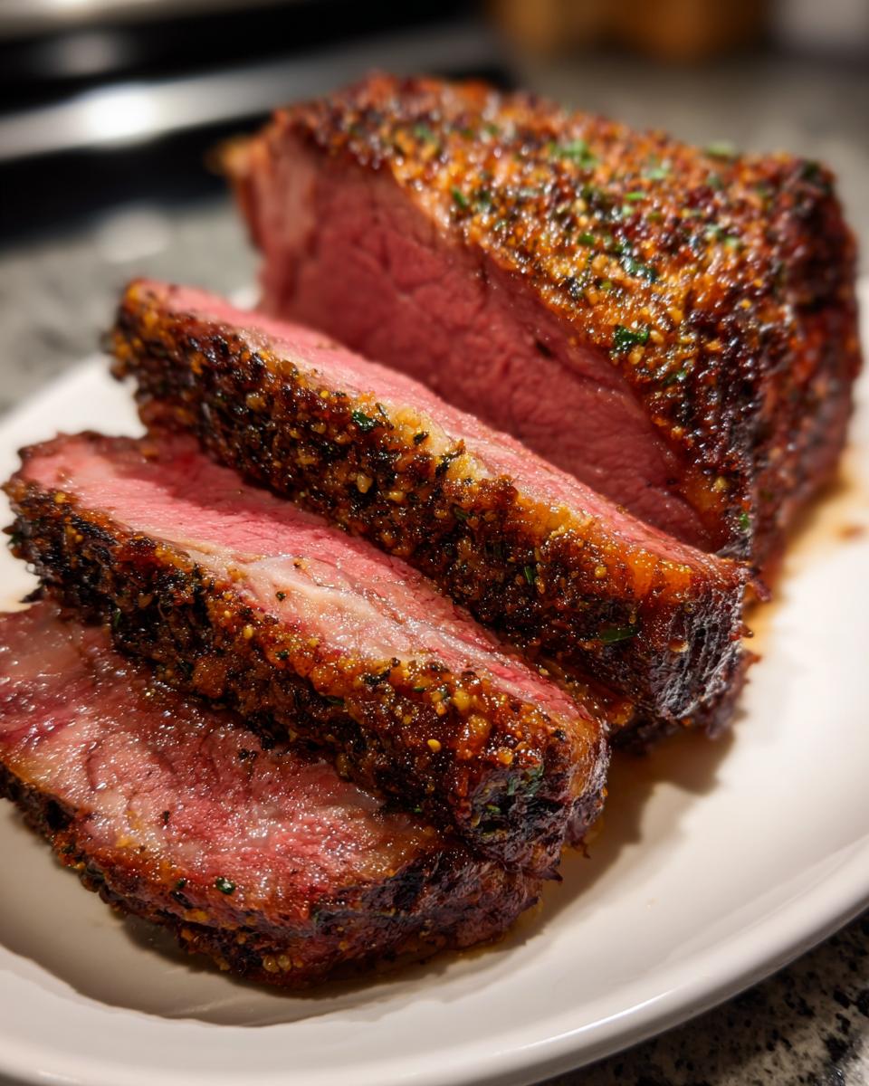 Close-up of a juicy prime rib roast oven, sliced to show a perfect medium-rare center and a heavily seasoned crust.