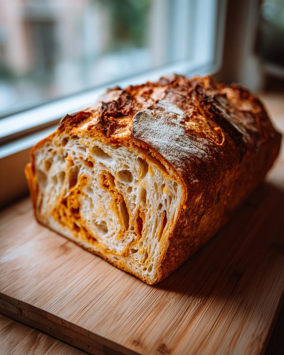 Close-up of a freshly baked pumpkin sourdough loaf, showing the open, airy crumb with swirls of orange pumpkin puree.