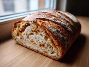 A close-up of a sliced pumpkin sourdough loaf showing the open crumb and orange pumpkin swirl.