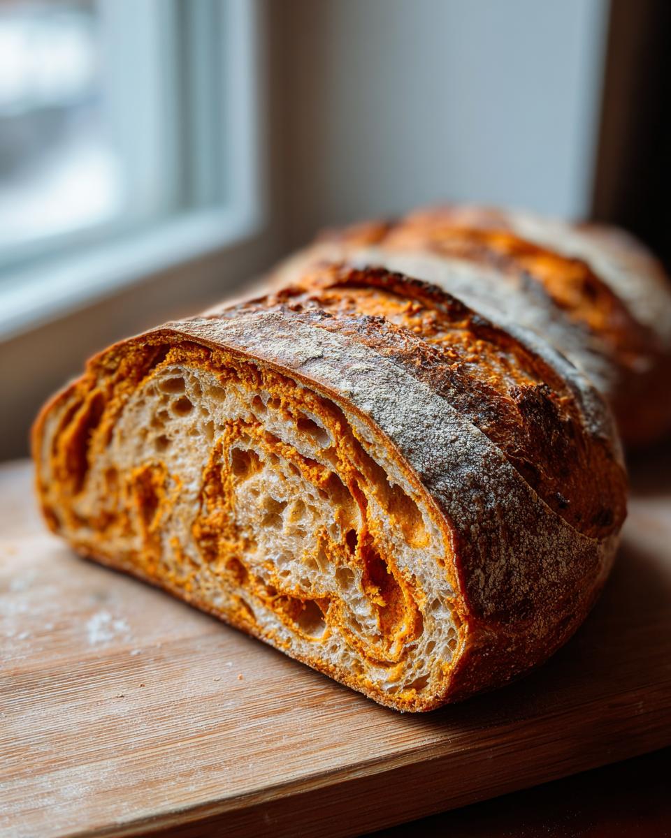 Cross-section view of a freshly baked pumpkin sourdough loaf showing the orange pumpkin swirl inside the airy crumb.