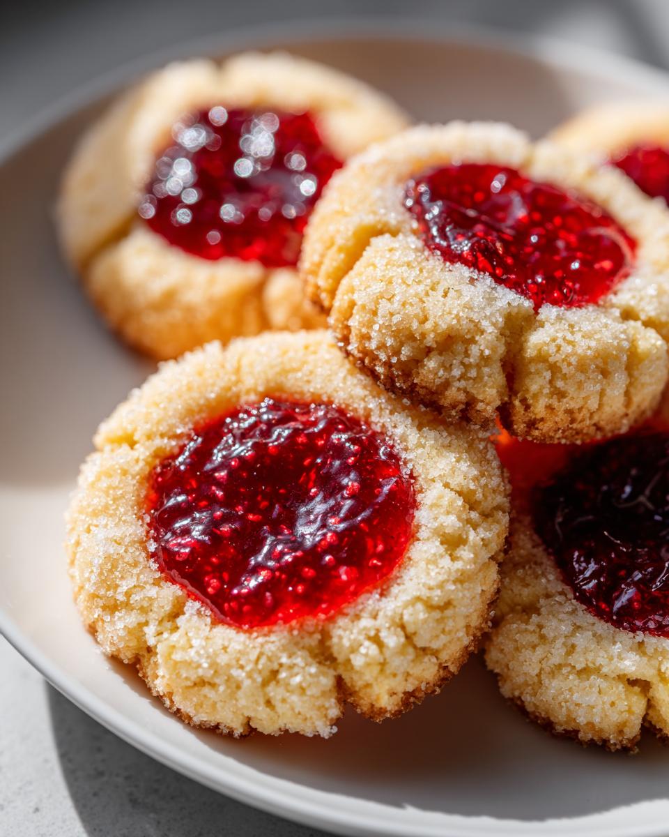 Close-up of several sugar-coated thumbprint cookies filled with bright red raspberry jam.