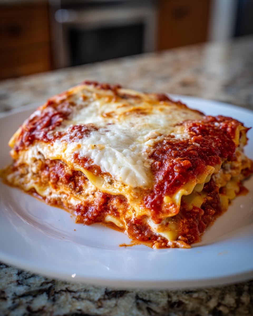 A close-up of a hearty slice of ravioli lasagna topped with melted cheese and rich tomato sauce.