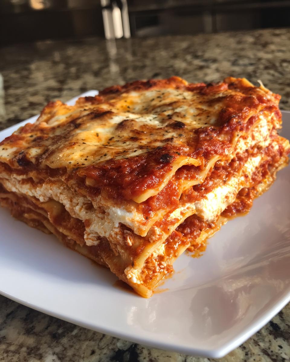 A thick, square slice of baked ravioli lasagna showing layers of pasta, ricotta cheese, and rich tomato sauce.