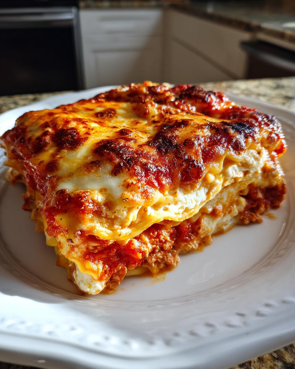 A thick, cheesy slice of ravioli lasagna with a browned top, served on a white plate.