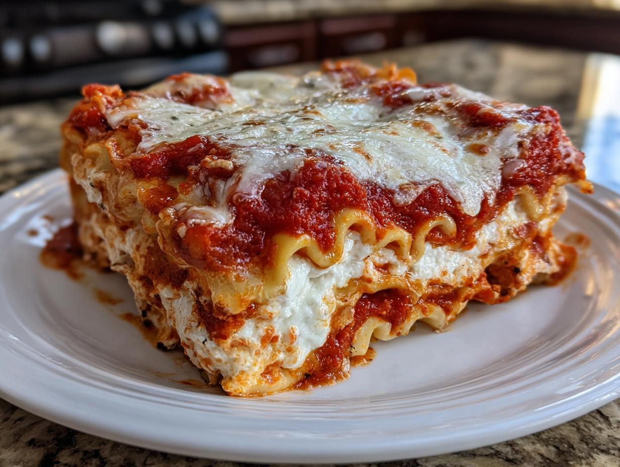 Close-up of a thick, cheesy slice of ravioli lasagna showing layers of pasta, ricotta, and marinara sauce.