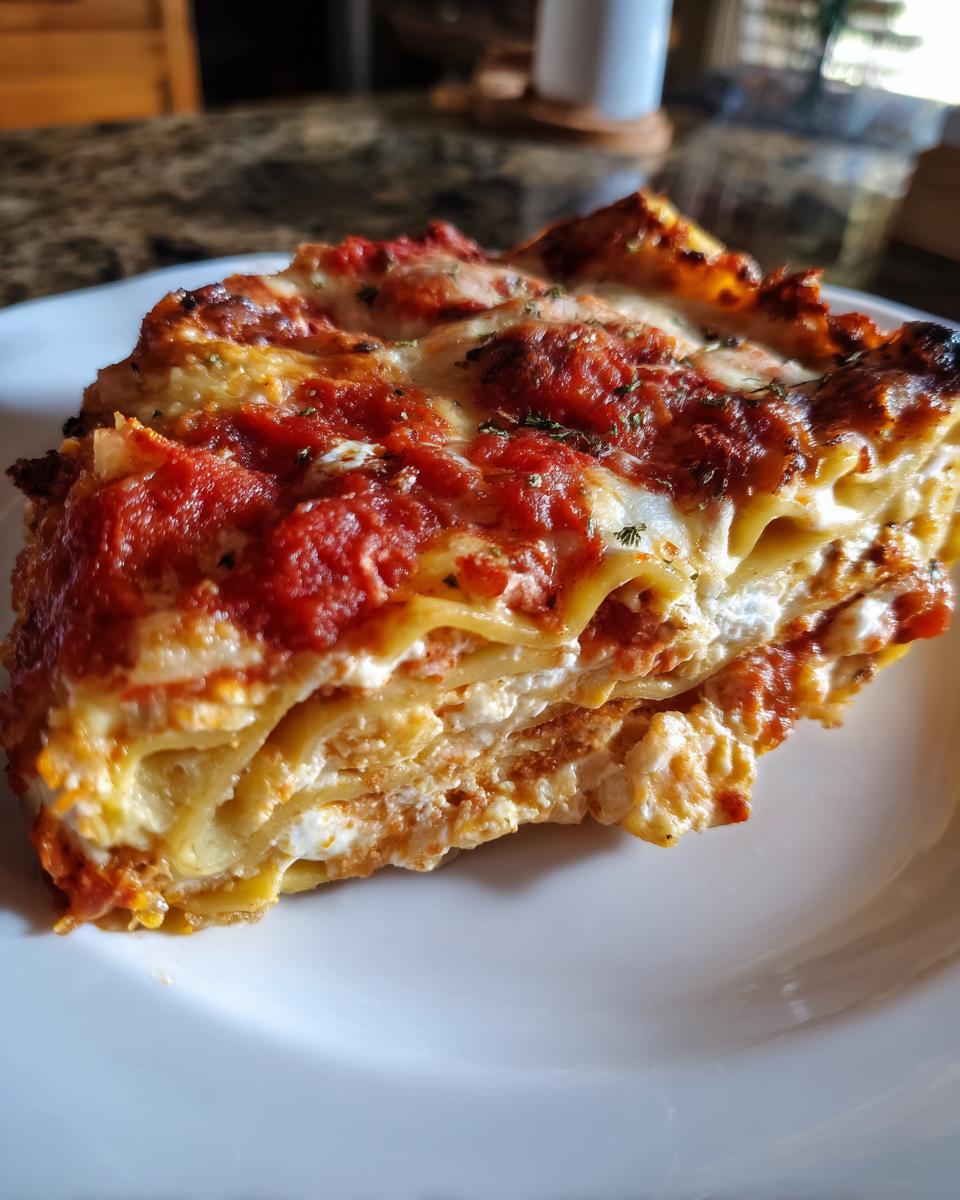Close-up of a hearty slice of ravioli lasagna showing layers of pasta, ricotta, and rich tomato sauce.