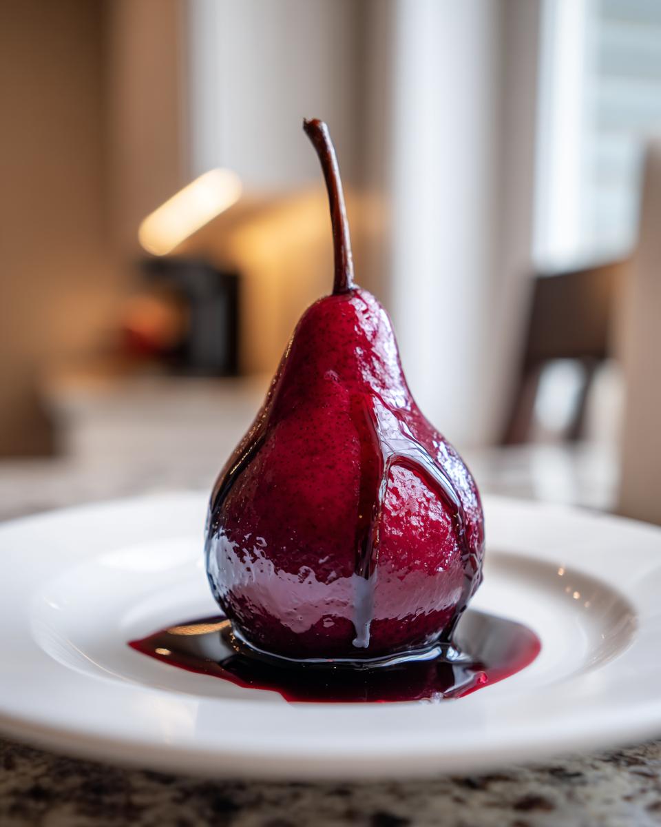 A single, deep red poached pear drizzled with syrup, served on a white plate.