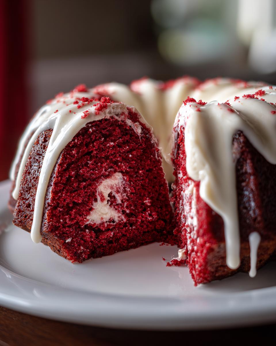 Close-up of a rich red velvet bundt cake with a slice removed, showing a cream cheese center and white glaze.