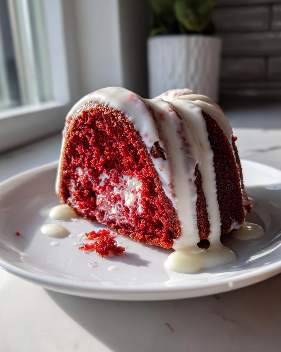 A close-up of a moist slice of red velvet bundt cake topped with dripping white glaze on a white plate.