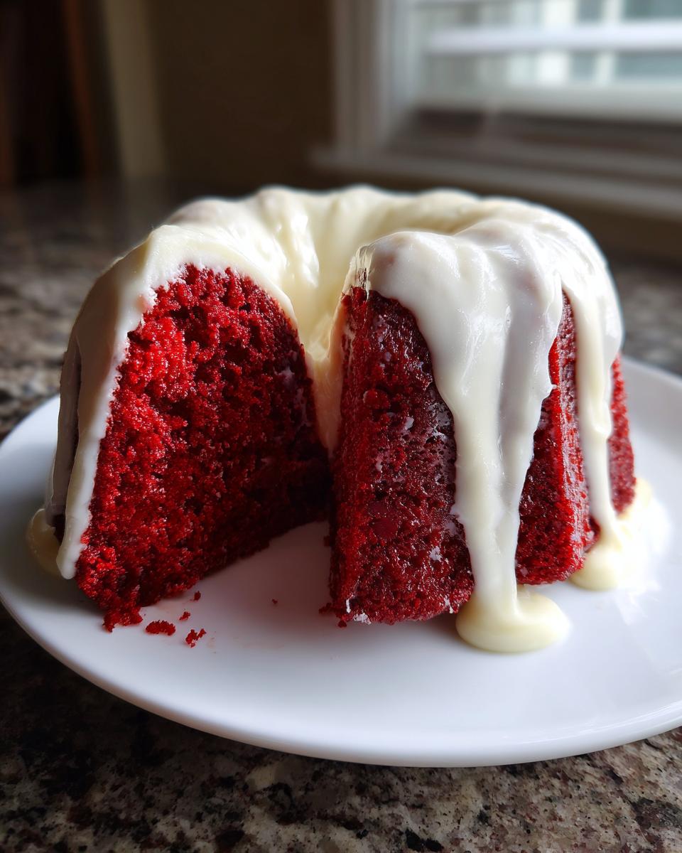 Close-up of a slice removed from a vibrant red velvet bundt cake topped with dripping white cream cheese glaze.