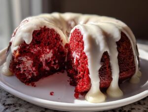 A slice cut from a vibrant red velvet bundt cake, heavily drizzled with thick white cream cheese glaze.