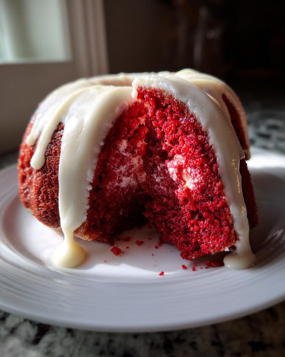 A slice taken out of a vibrant red velvet bundt cake, drizzled with thick white glaze.