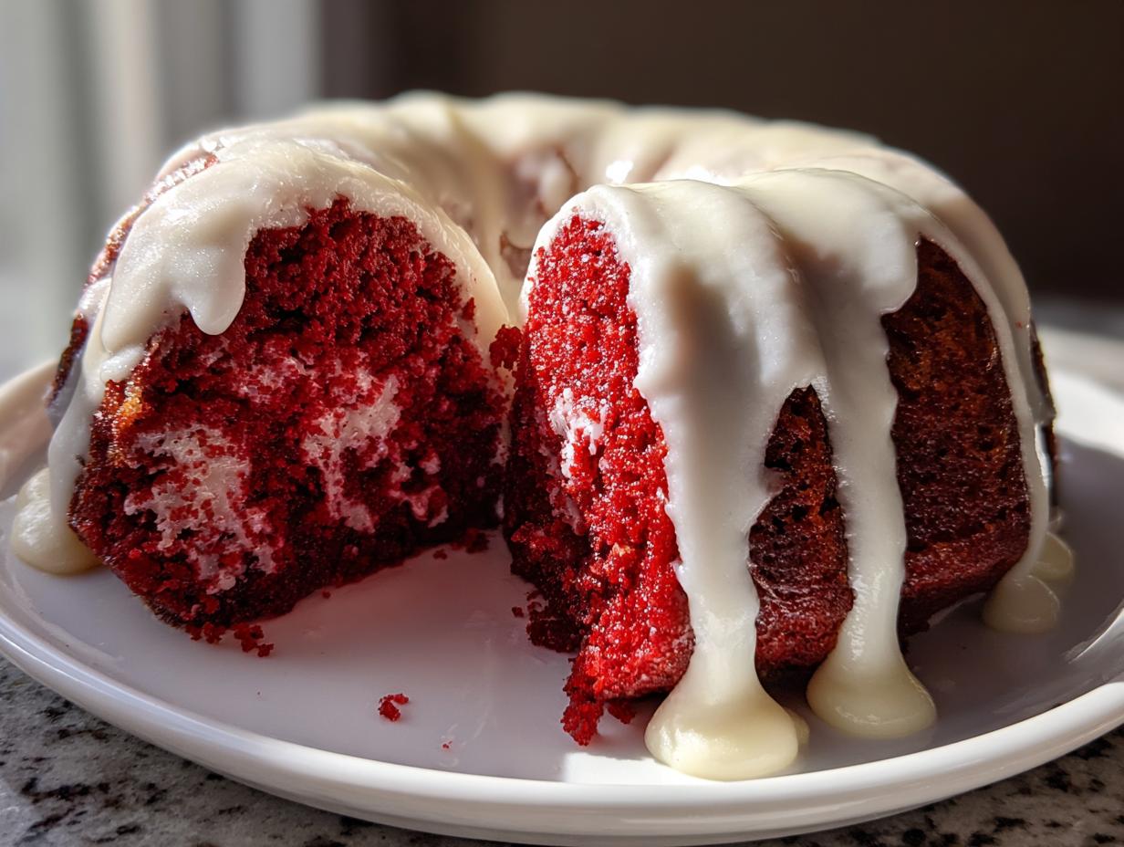 A slice cut from a vibrant red velvet bundt cake, heavily drizzled with thick white cream cheese glaze.