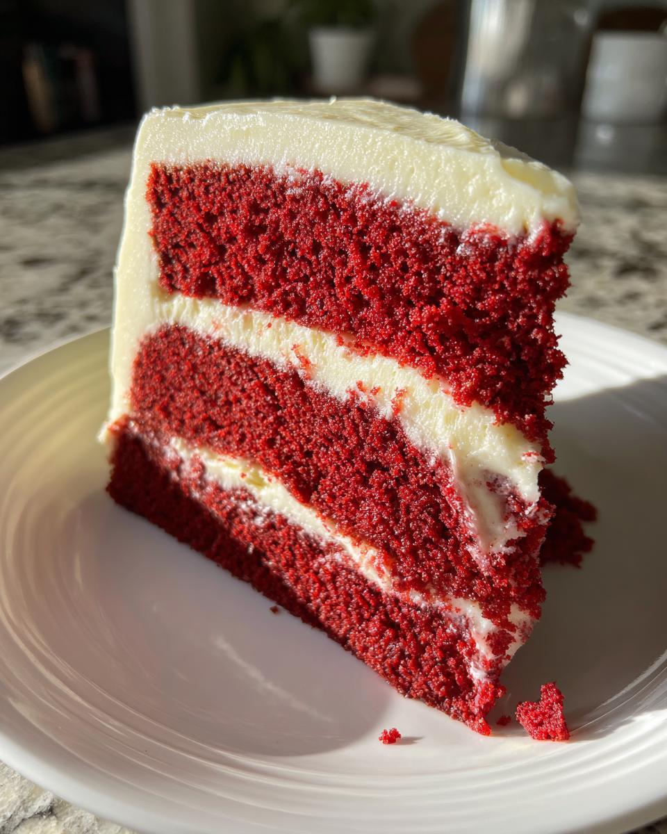 A tall, moist slice of red velvet cake featuring three layers of deep red cake separated by thick white cream cheese frosting.