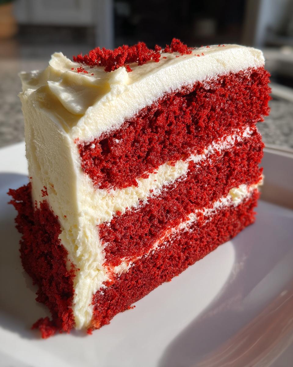 A tall slice of moist red velvet cake showing three layers of vibrant red cake separated by thick white cream cheese frosting.