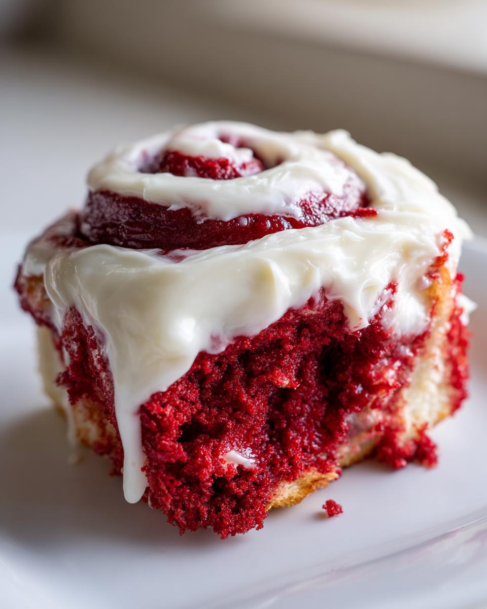 A close-up of a single, rich red velvet cinnamon rolls slice topped generously with dripping white cream cheese frosting.