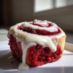 A single, vibrant red velvet cinnamon roll topped with thick, dripping cream cheese frosting.