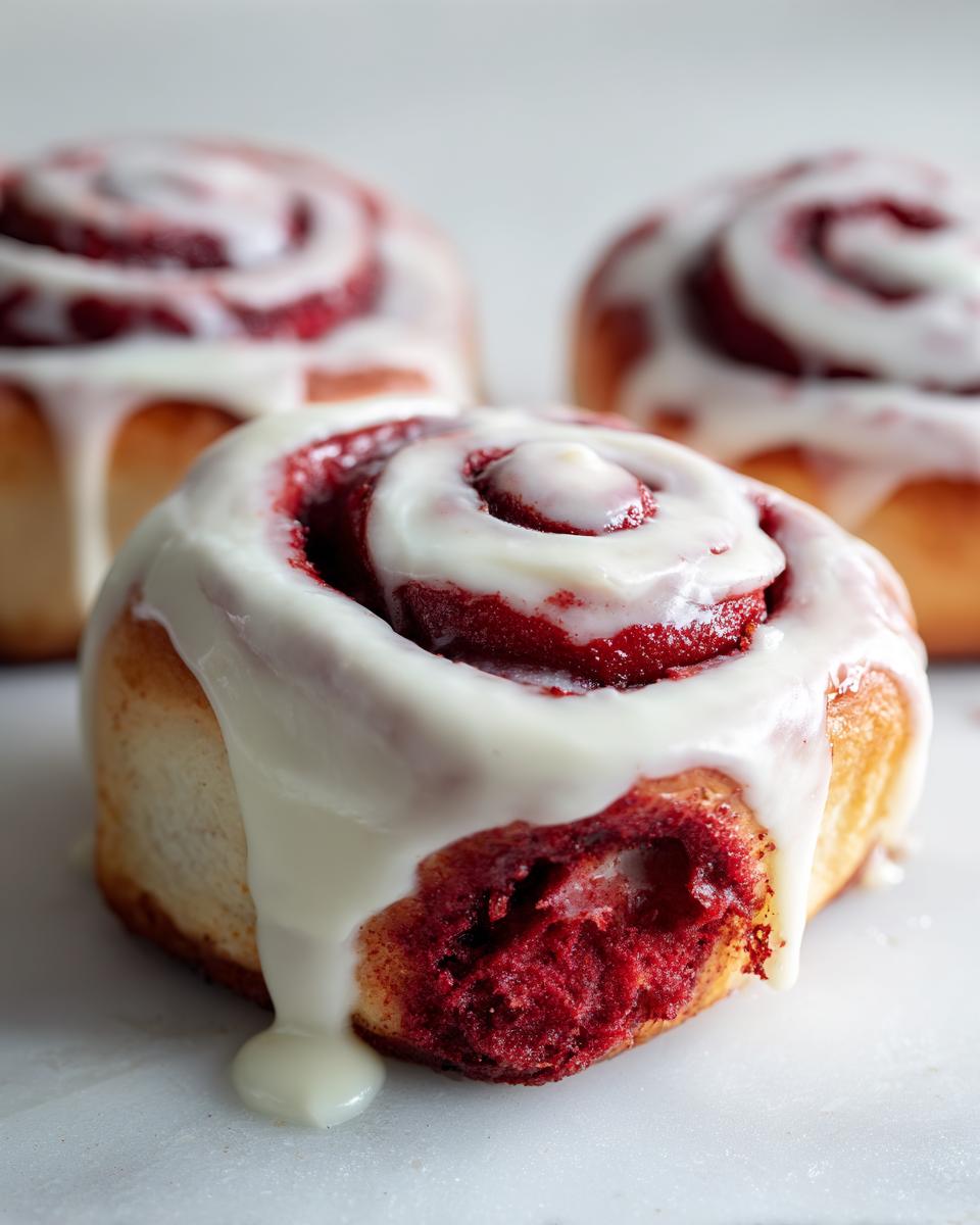 Close-up of a decadent red velvet cinnamon rolls topped with thick white cream cheese icing dripping down the side.