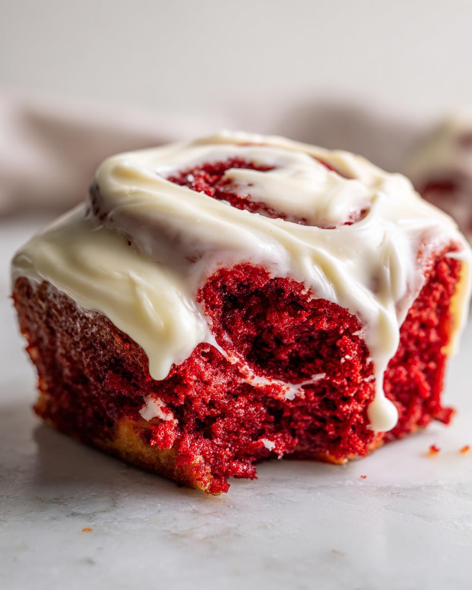 Close-up of a moist, bright red velvet cinnamon rolls slice topped with dripping white cream cheese frosting.