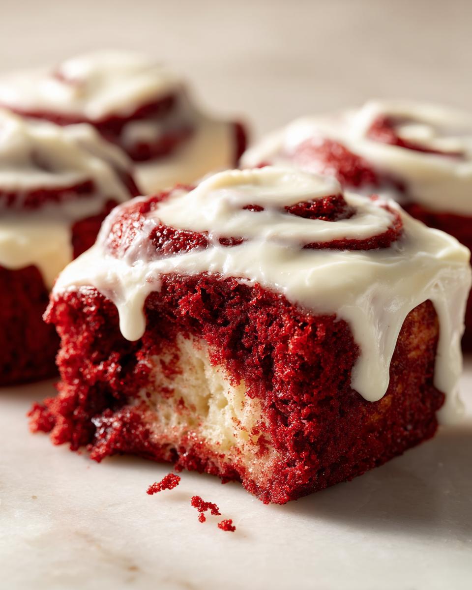 A close-up of a soft, red velvet cinnamon rolls with thick white cream cheese frosting dripping down the sides.