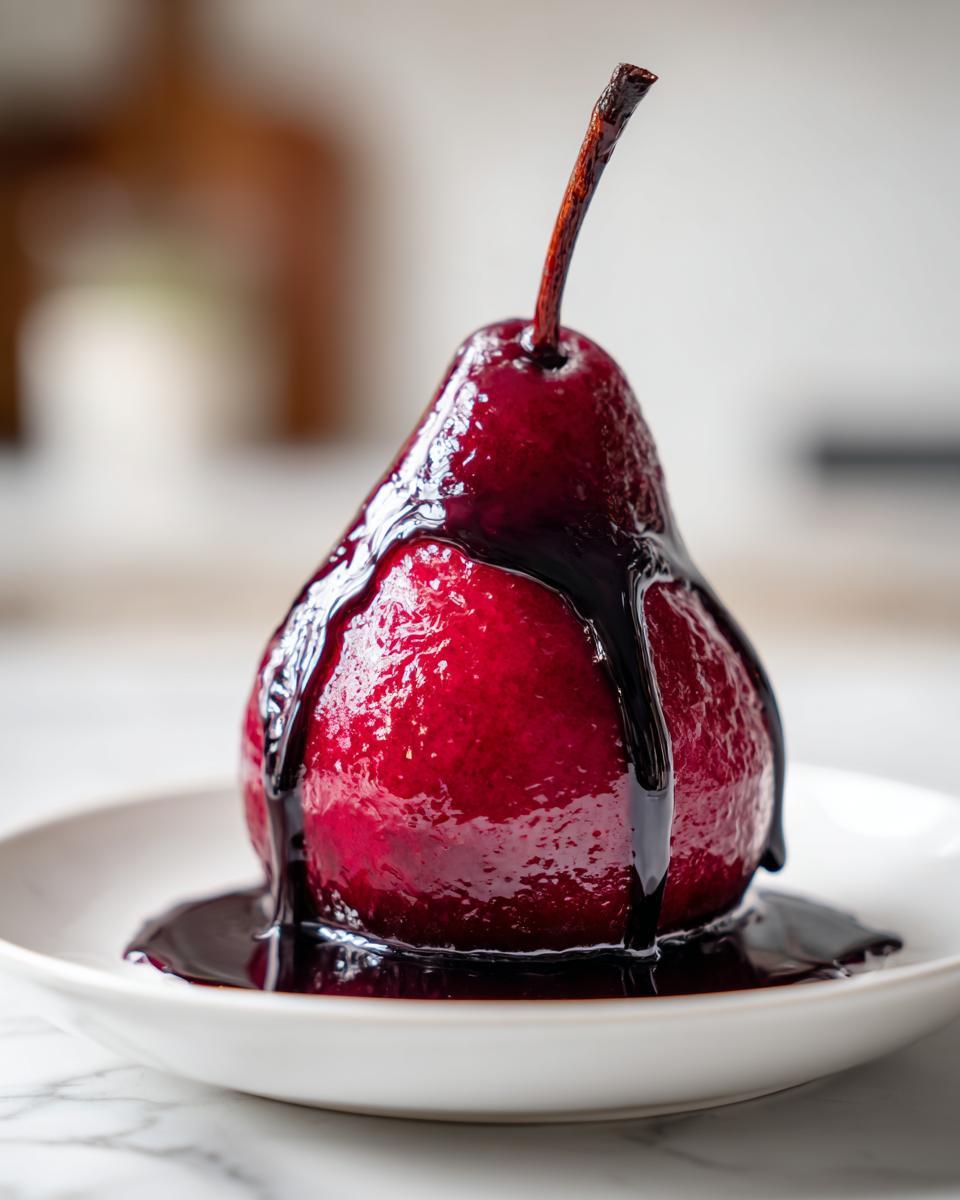 A single, vibrant red wine poached pears dessert topped with dark syrup, resting on a white plate.