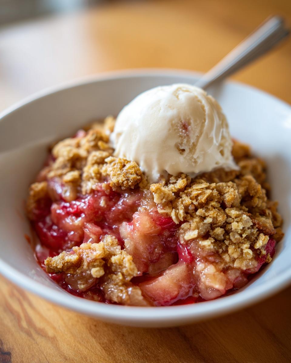 Close-up of a warm serving of rhubarb crisp topped with a scoop of vanilla ice cream in a white bowl.