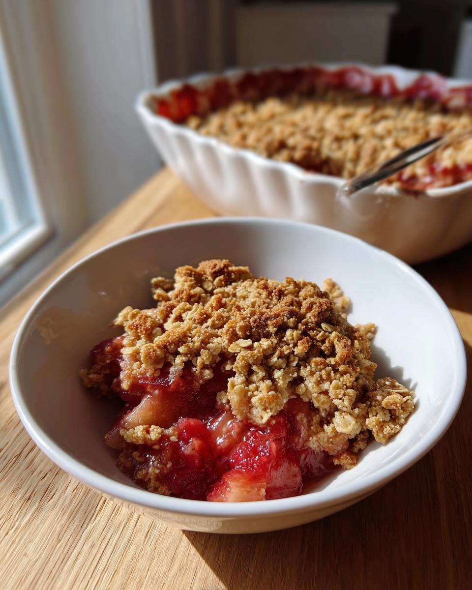 A close-up of a serving of amazing 1-bowl rhubarb crisp with a thick, golden oat topping over bright red fruit filling.