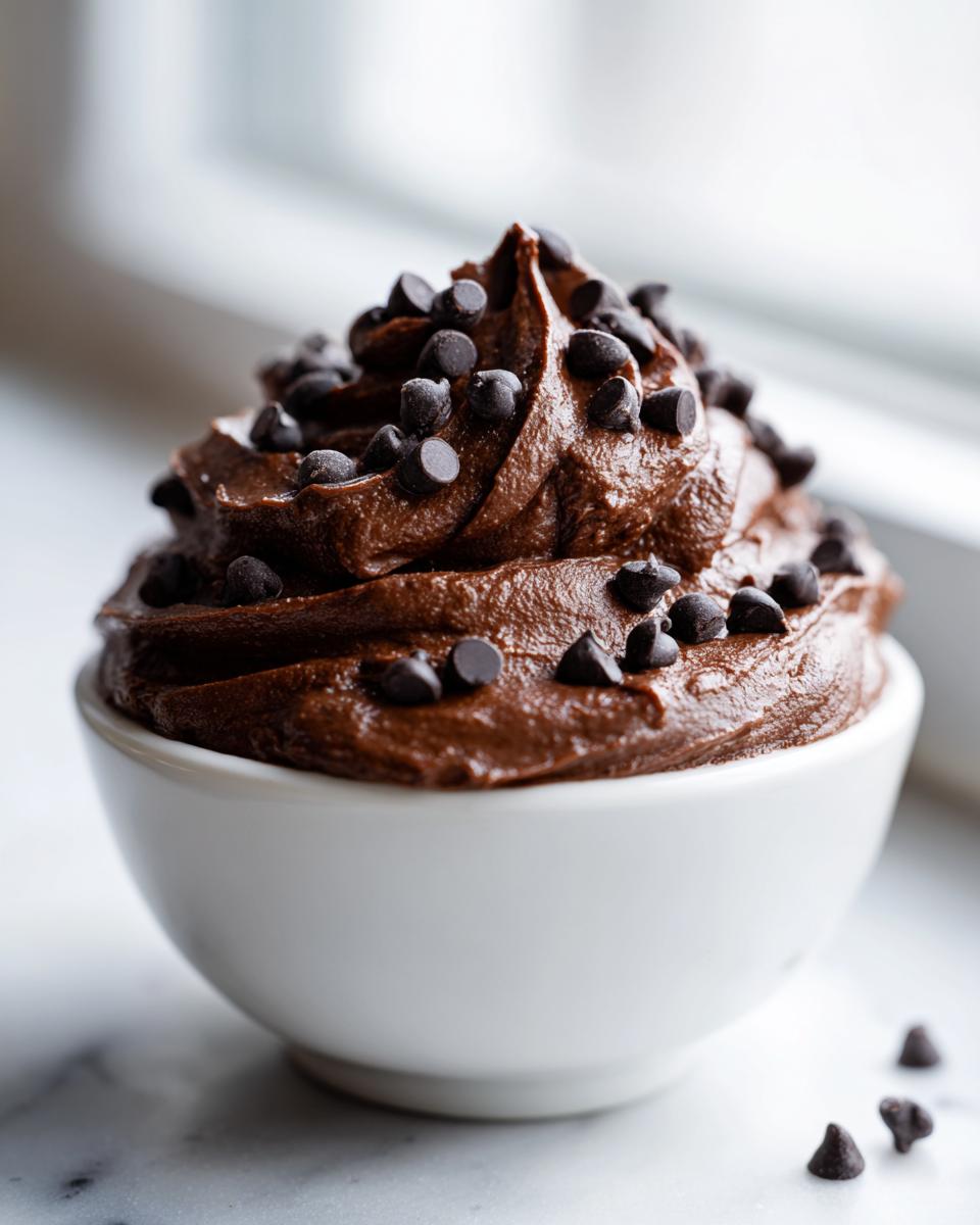 A small white bowl filled with rich, dark chocolate brownie batter dip, generously topped with mini chocolate chips.