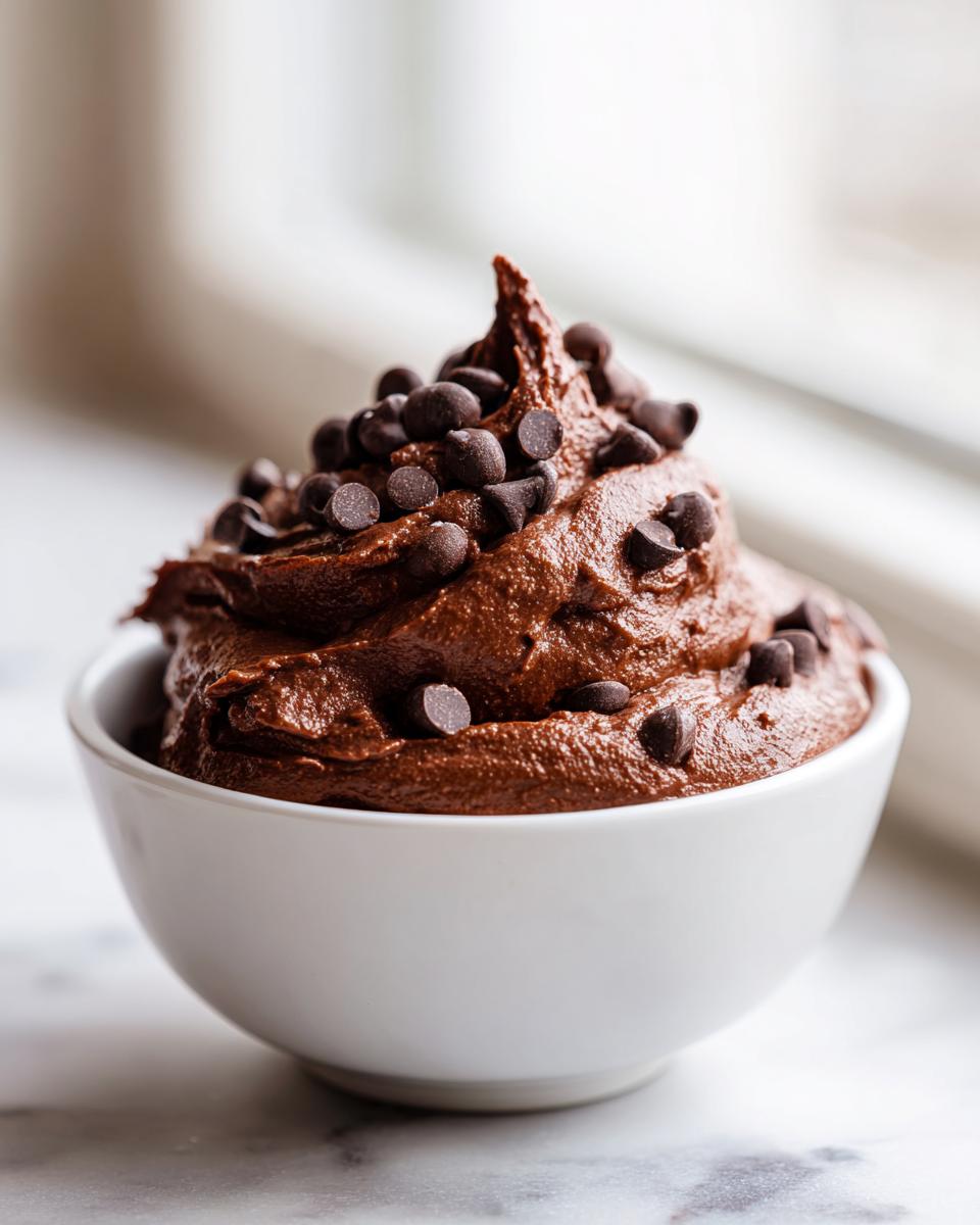 A close-up of rich, thick brownie batter dip mounded high in a white bowl and topped with mini chocolate chips.