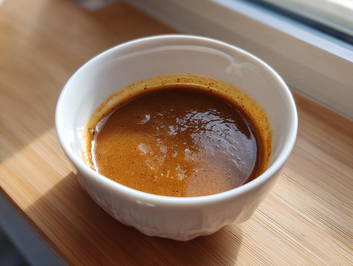 Close-up of rich, brown liquid resembling thick chicken gravy in a small white bowl.