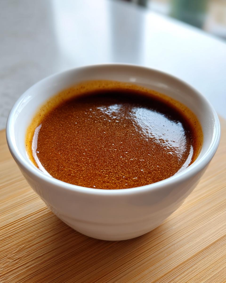 Close-up of rich, dark brown chicken gravy with small bubbles, served in a small white bowl.
