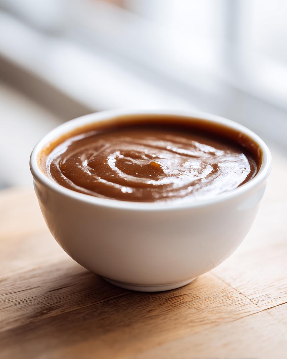 Close-up of rich, brown chicken gravy with swirls in a small white bowl on a wooden surface.