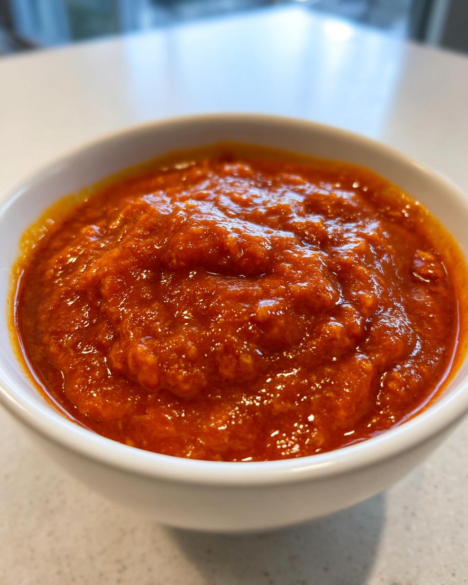 Close-up of a thick, vibrant red chili cheese dip base served in a small white bowl.