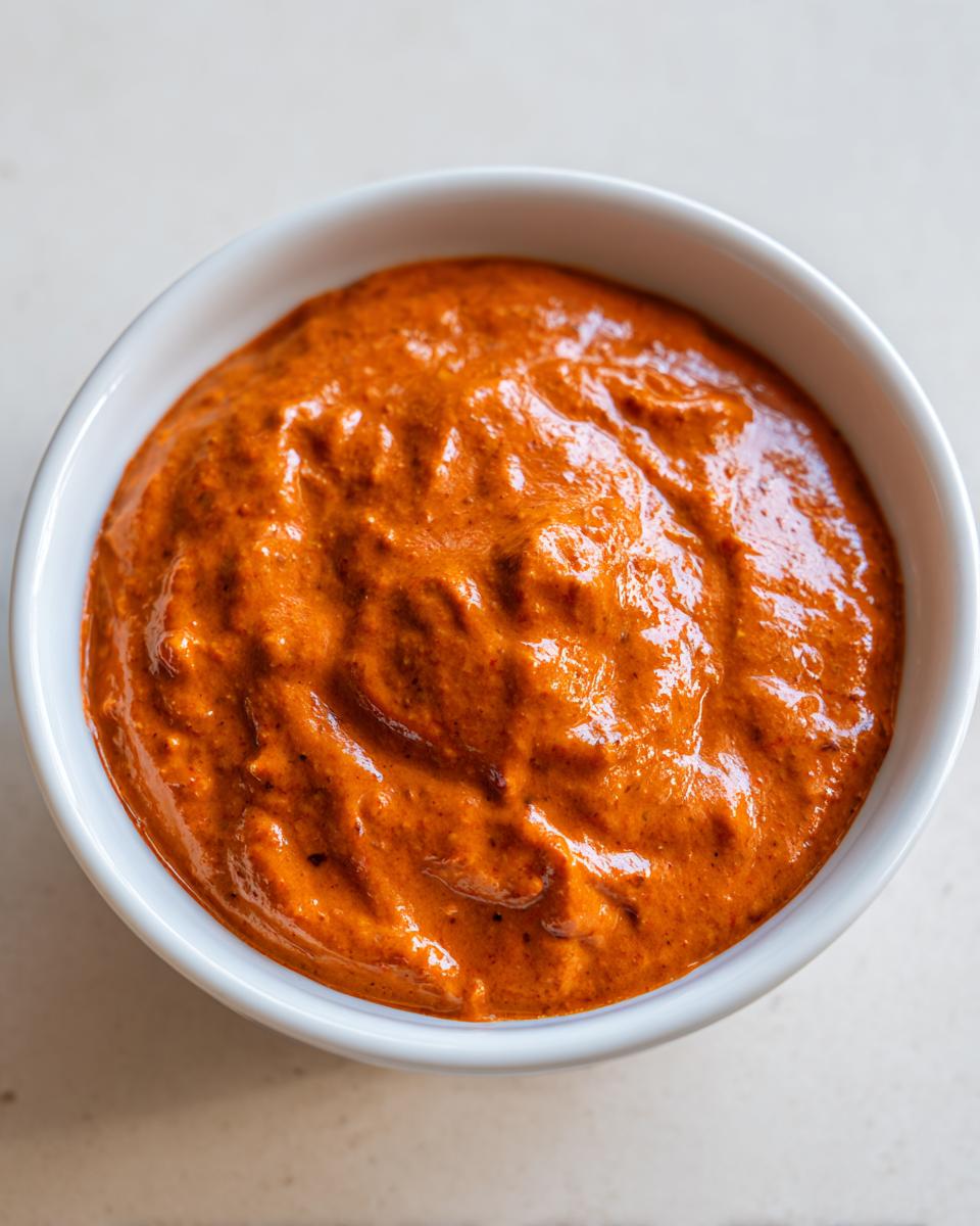 Close-up overhead shot of thick, vibrant orange chili cheese dip texture in a small white bowl.