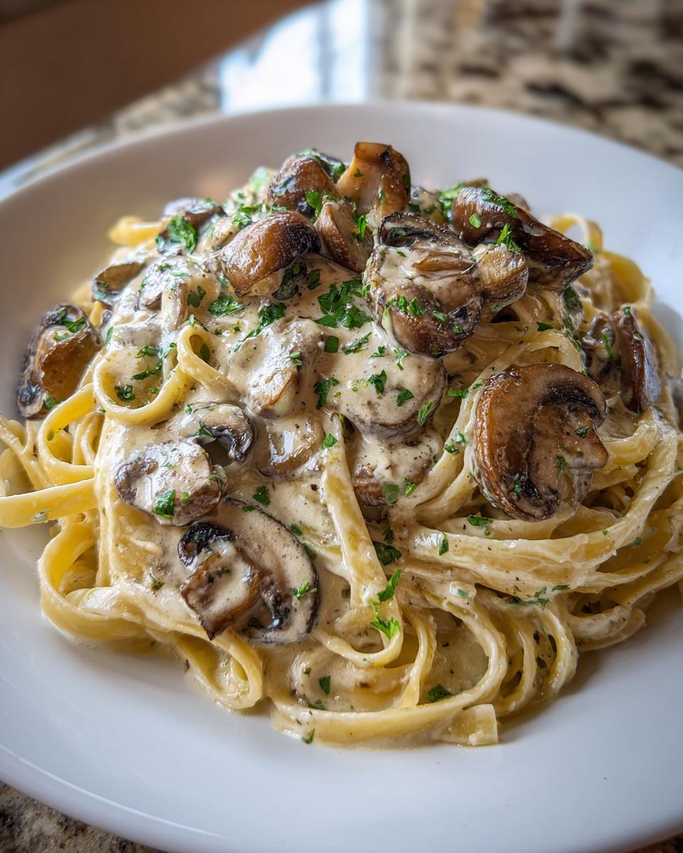 Close-up of rich creamy mushroom pasta featuring fettuccine noodles and sautéed mushrooms.