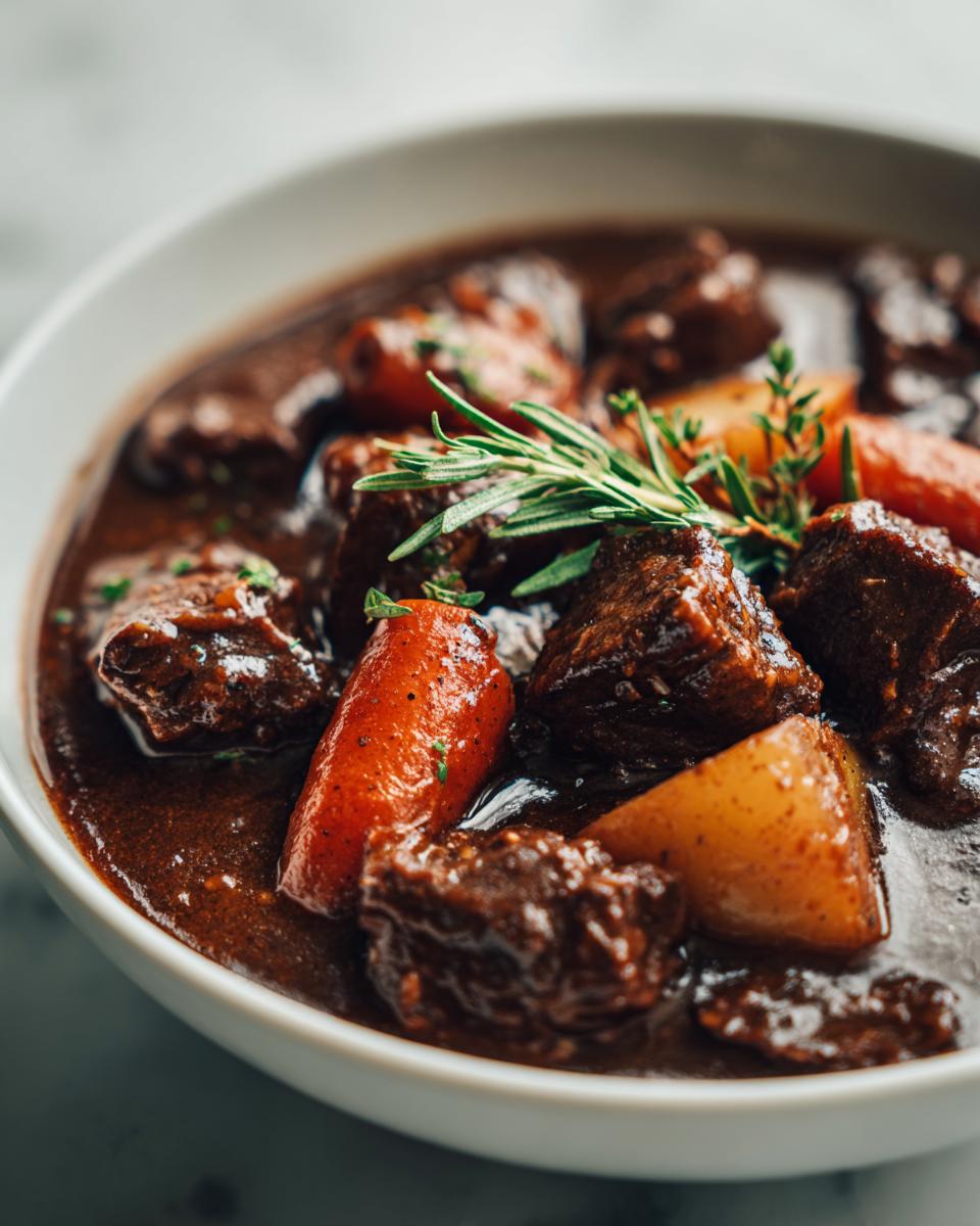 Close-up of tender beef chunks, carrots, and potatoes in rich gravy, garnished with rosemary for the crockpot beef stew.