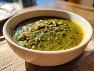 Close-up of a hearty, thick green pea soup garnished with bits of ham, served in a white bowl on a wooden surface.