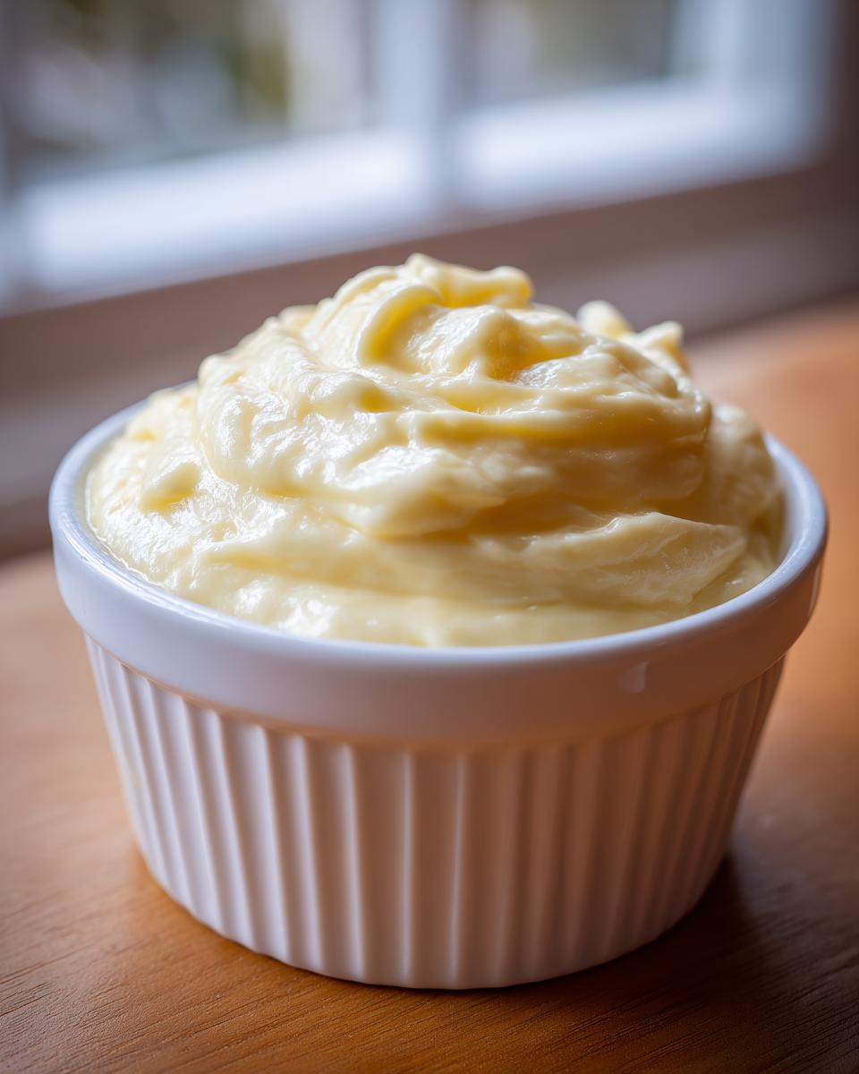 A close-up of thick, creamy hollandaise sauce swirled in a small white ramekin.