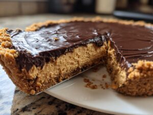 A close-up view of a slice being lifted from a decadent peanut butter pie with a thick chocolate ganache topping and graham cracker crust.