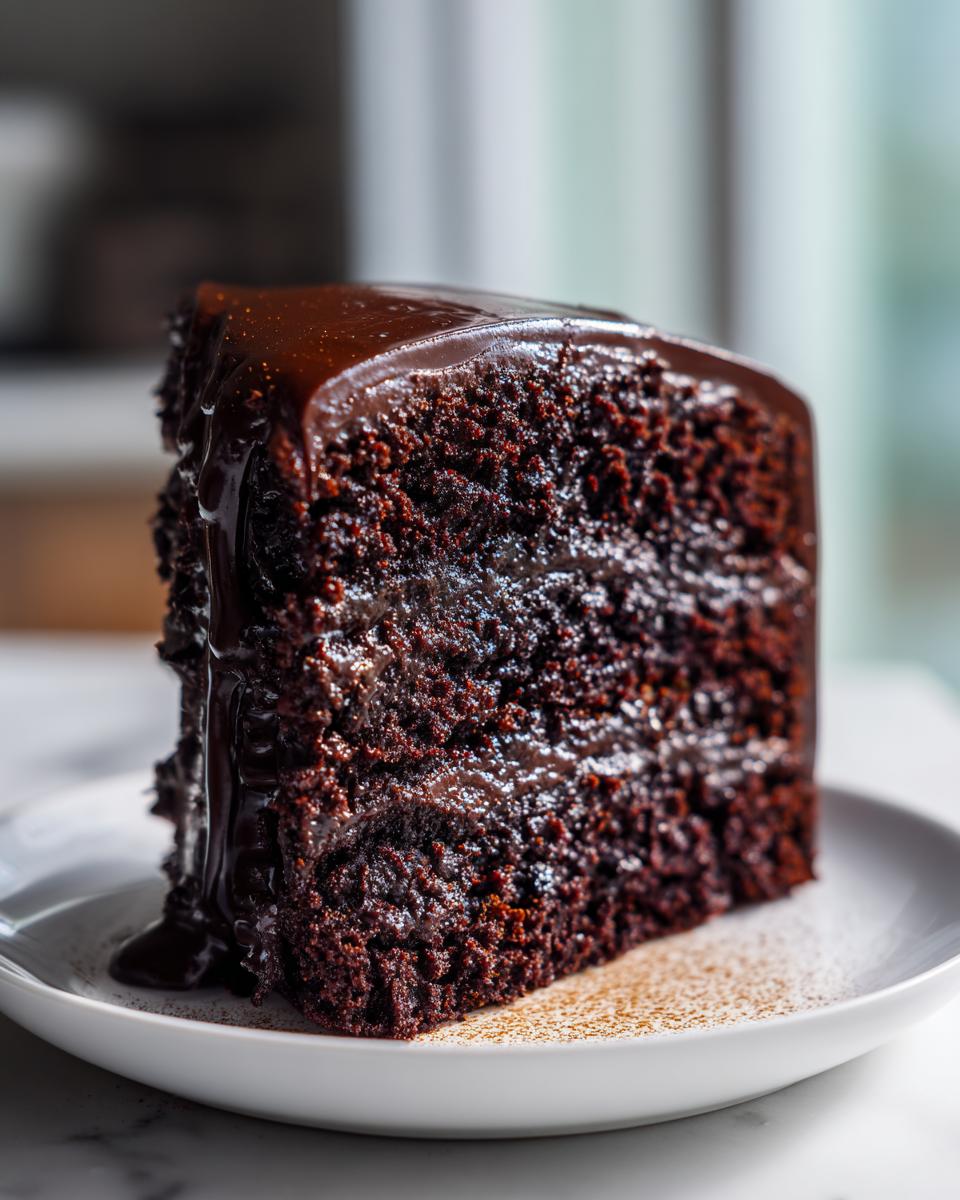 A rich, moist slice of dark chocolate capricorn cake covered in glossy ganache.