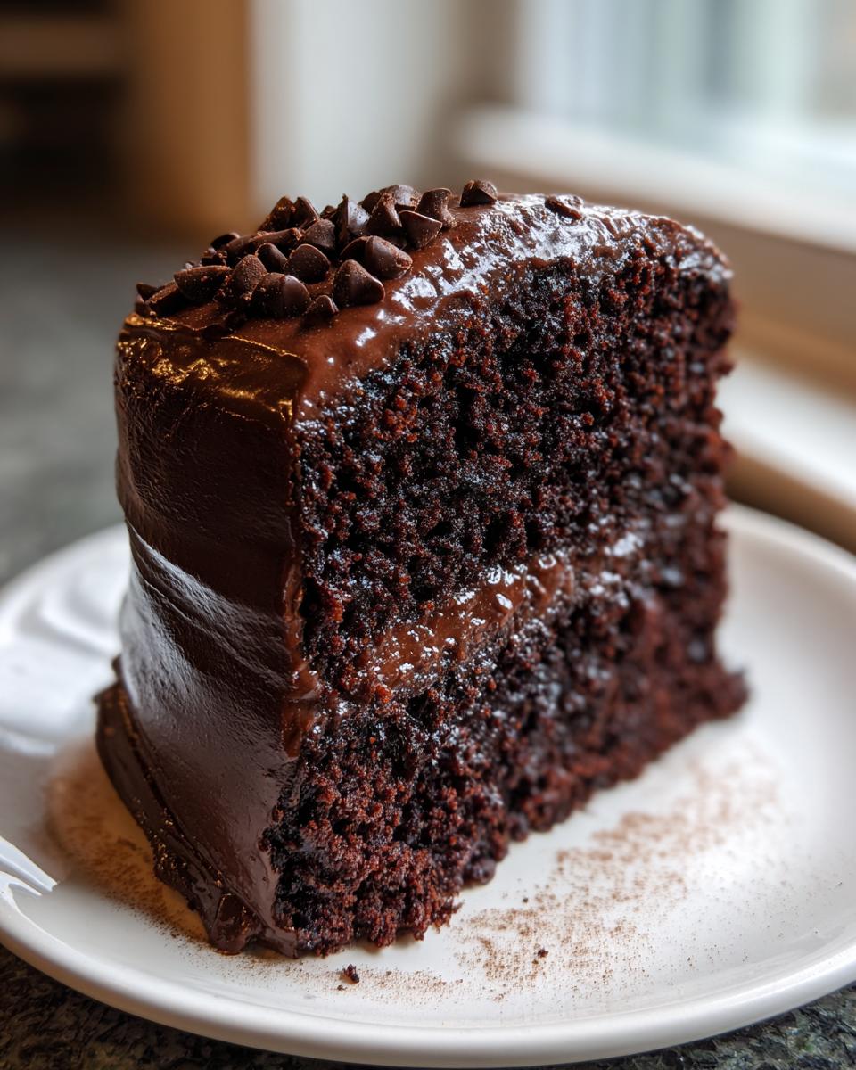 A moist, dark slice of chocolate capricorn cake covered in glossy ganache and topped with chocolate chips.