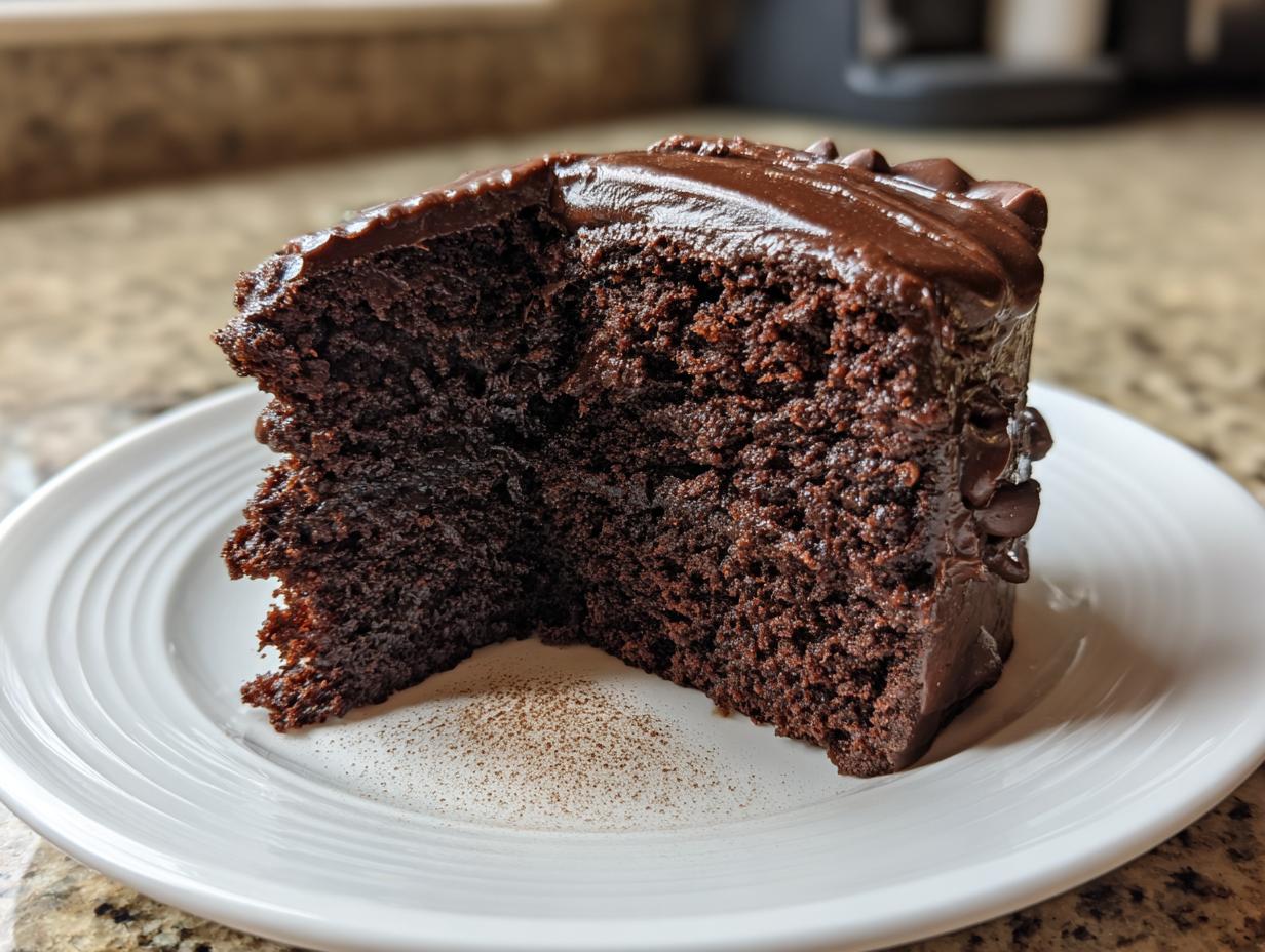 A moist, dark chocolate slice of capricorn cake covered in glossy frosting and chocolate chips.