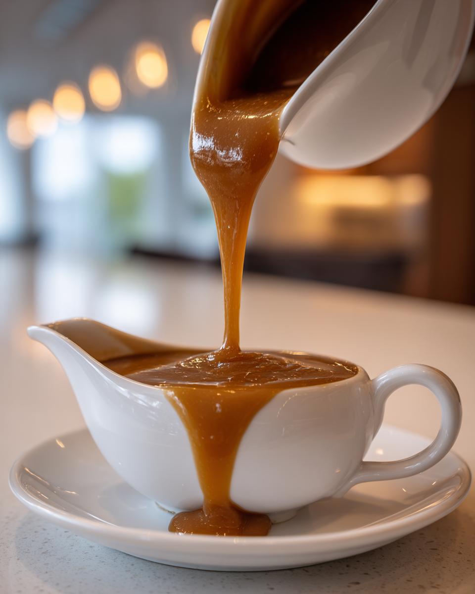 Thick, rich turkey gravy being poured from a ladle into a white ceramic gravy boat.