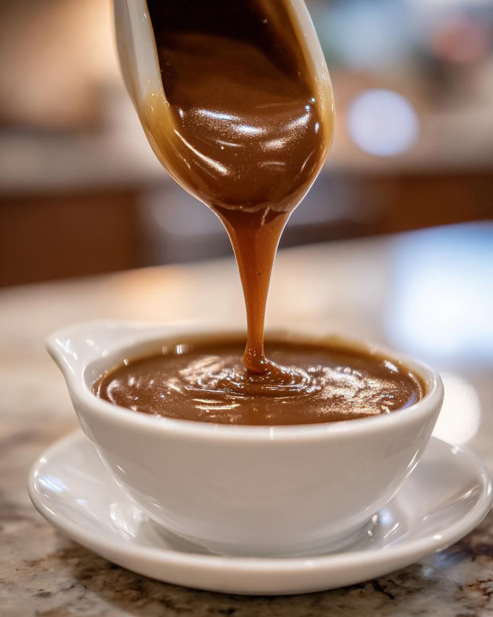 Close-up of rich, brown turkey gravy being poured from a ladle into a small white gravy boat.