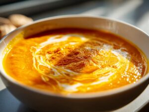 Close-up of creamy, vibrant orange roasted butternut squash soup topped with a swirl of cream and spice.