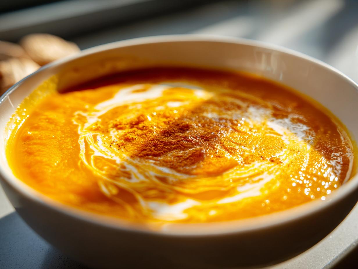 Close-up of creamy, vibrant orange roasted butternut squash soup topped with a swirl of cream and spice.