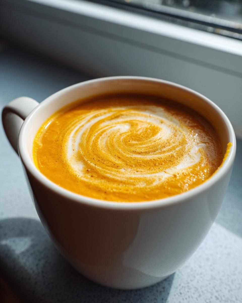 Close-up of rich orange roasted butternut squash soup topped with a swirl of cream.