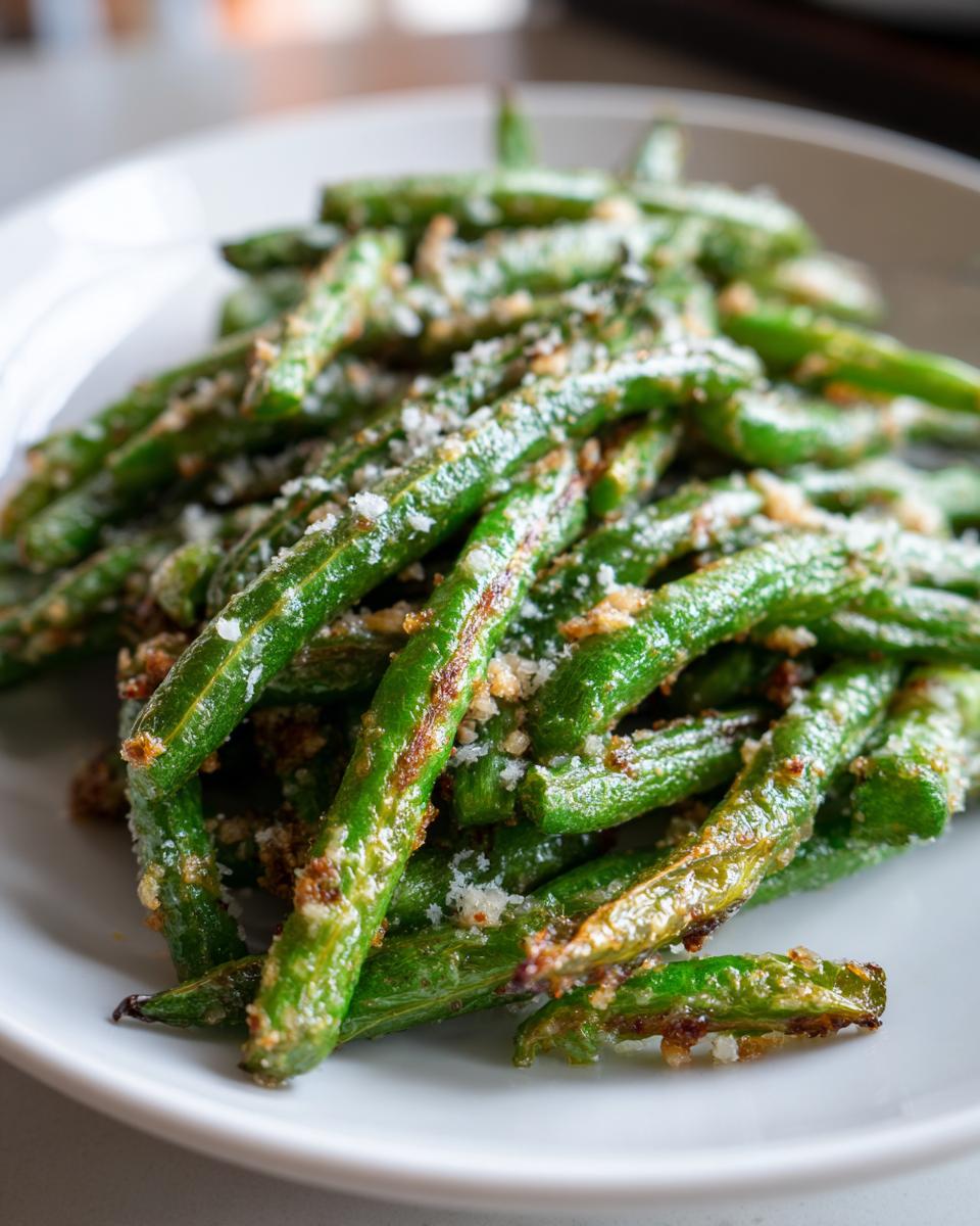 Close-up of bright green roasted green beans topped with grated Parmesan cheese.